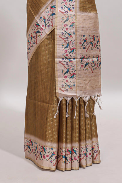 Sandal striped tussar saree with contrast birds & floral design border and floral printed blouse