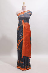 Grey shibori design tussar saree with contrast zari border and blouse