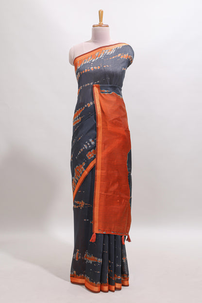 Grey shibori design tussar saree with contrast zari border and blouse