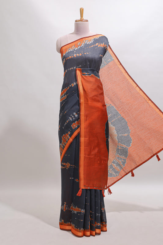 Grey shibori design tussar saree with contrast zari border and blouse