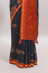 Grey shibori design tussar saree with contrast zari border and blouse