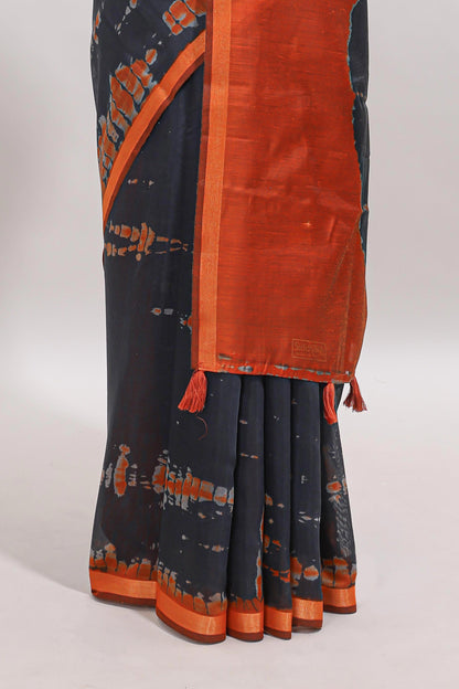 Grey shibori design tussar saree with contrast zari border and blouse