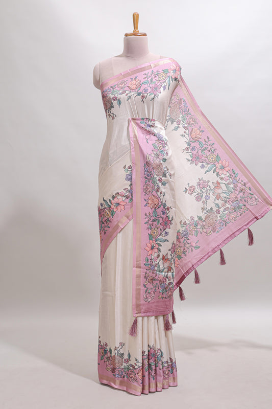 Cream floral design tussar saree with contrast zari border and self pallu