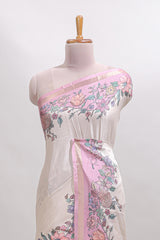 Cream floral design tussar saree with contrast zari border and self pallu