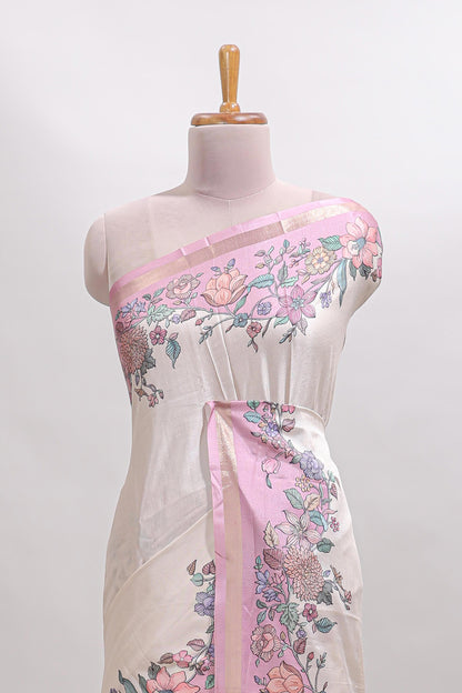 Cream floral design tussar saree with contrast zari border and self pallu