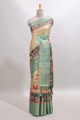 Mustard floral design kalamkari style tussar saree with contrast border and printed pallu