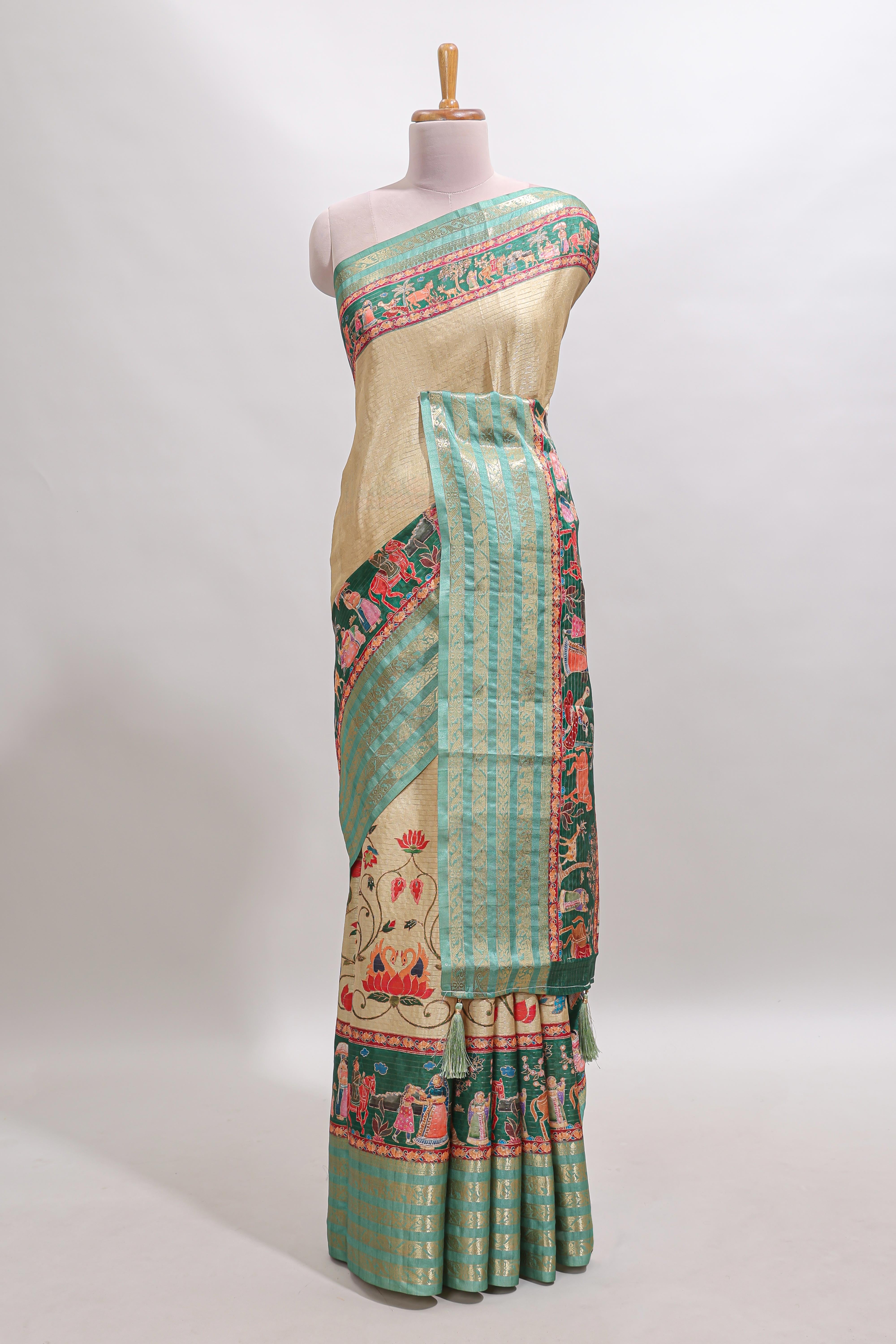 Mustard floral design kalamkari style tussar saree with contrast border and printed pallu