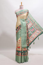 Mustard floral design kalamkari style tussar saree with contrast border and printed pallu