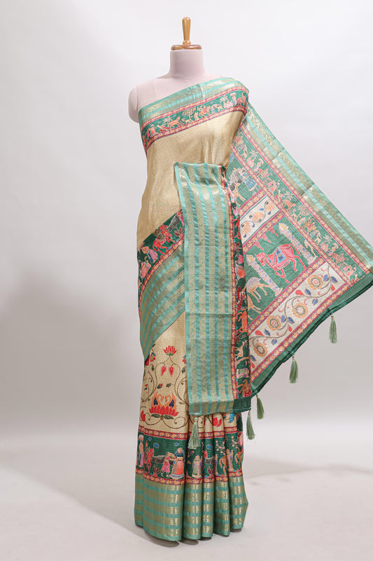 Mustard floral design kalamkari style tussar saree with contrast border and printed pallu