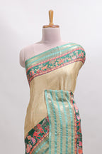 Mustard floral design kalamkari style tussar saree with contrast border and printed pallu