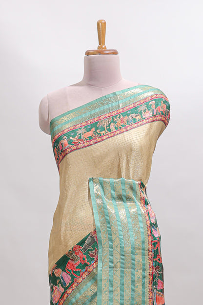 Mustard floral design kalamkari style tussar saree with contrast border and printed pallu