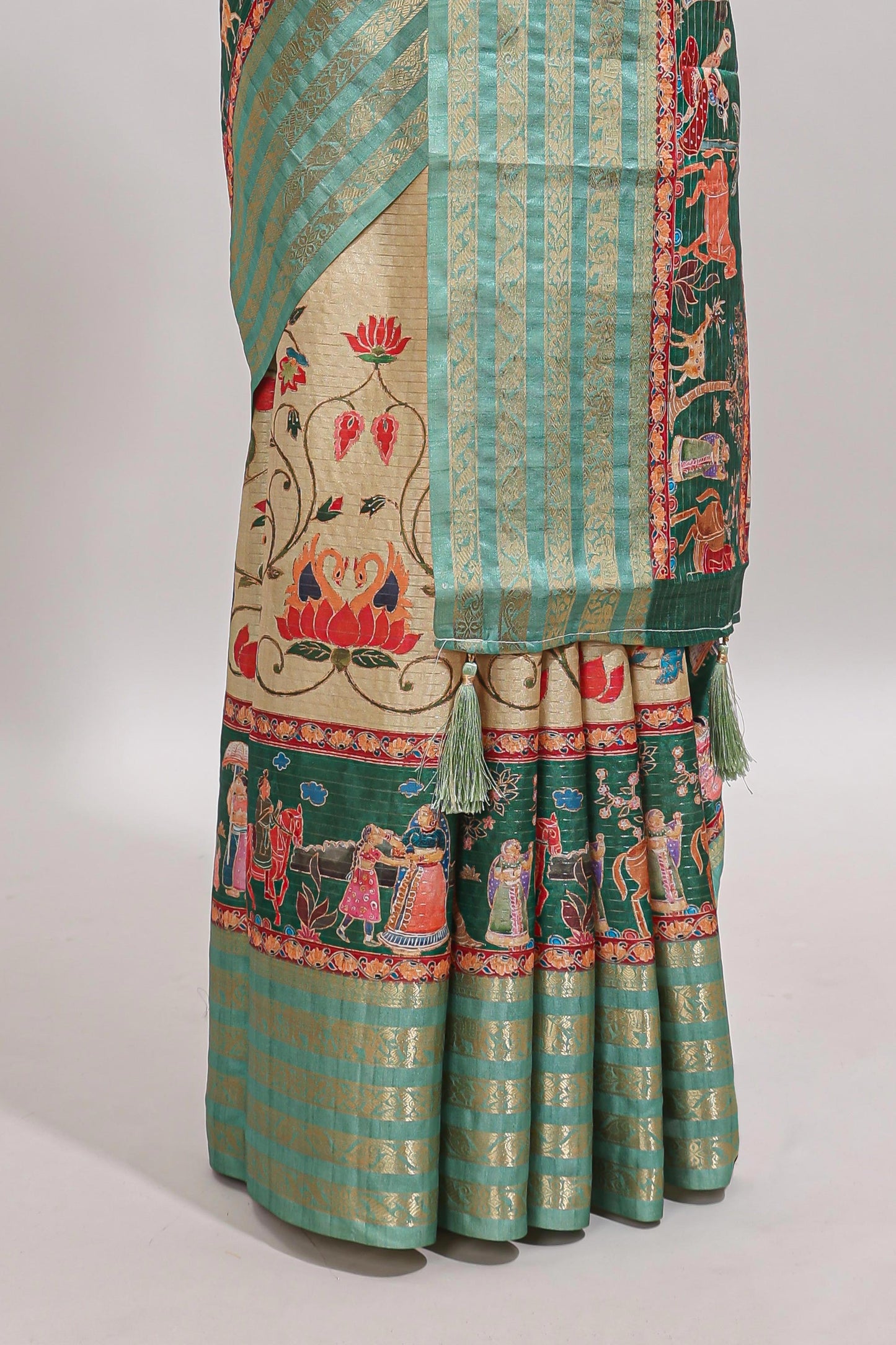 Mustard floral design kalamkari style tussar saree with contrast border and printed pallu