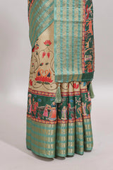 Mustard floral design kalamkari style tussar saree with contrast border and printed pallu