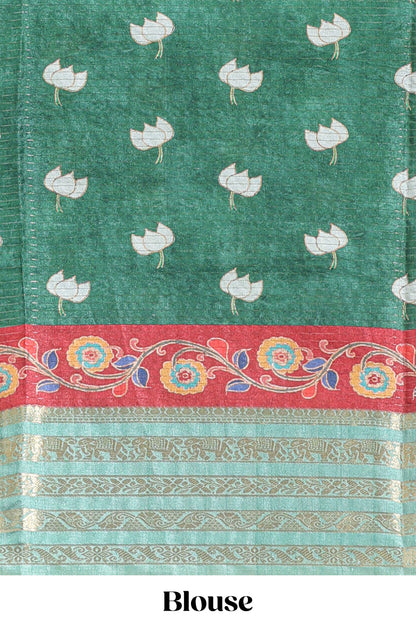 Mustard floral design kalamkari style tussar saree with contrast border and printed pallu