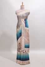 Beige geometric design tussar saree with self border and matching blouse