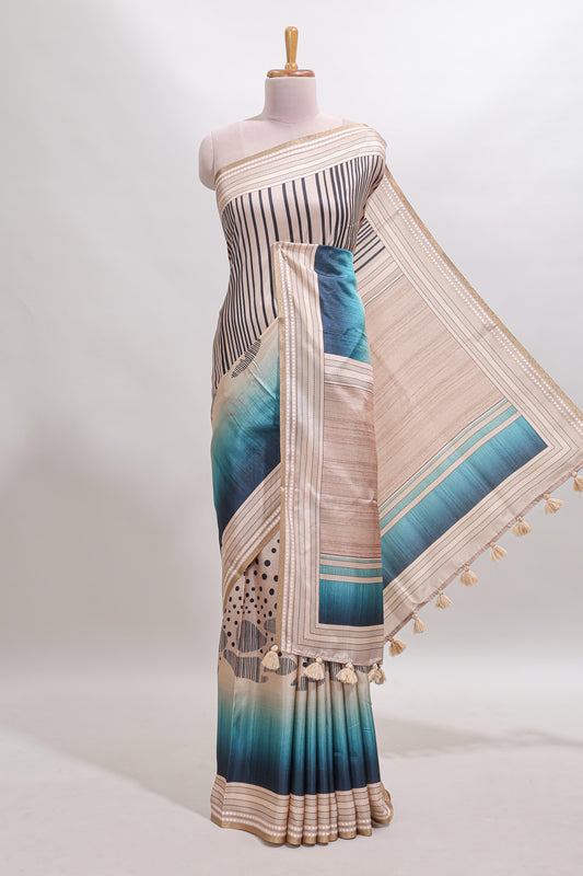 Beige geometric design tussar saree with self border and matching blouse