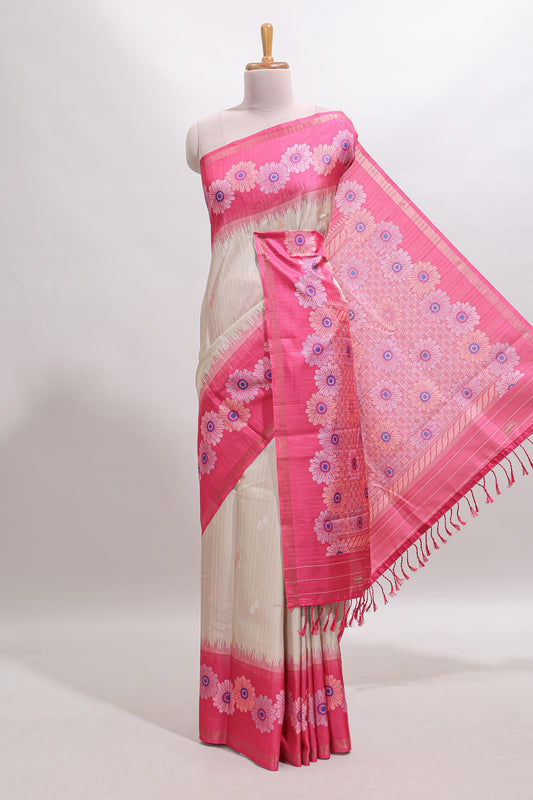 Beige striped floral motifs tussar saree with contrast floral print border and printed pallu