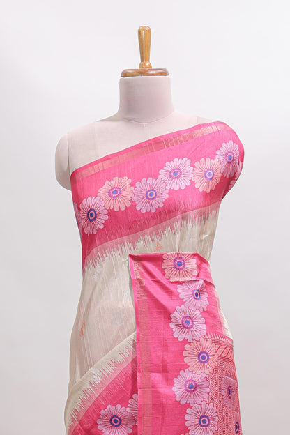 Beige striped floral motifs tussar saree with contrast floral print border and printed pallu