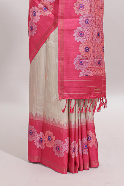 Beige striped floral motifs tussar saree with contrast floral print border and printed pallu