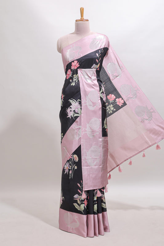 Black floral design tussar saree with contrast peacock design zari border and blouse