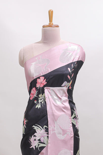 Black floral design tussar saree with contrast peacock design zari border and blouse