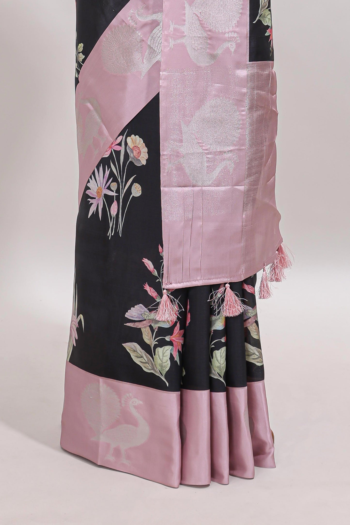 Black floral design tussar saree with contrast peacock design zari border and blouse