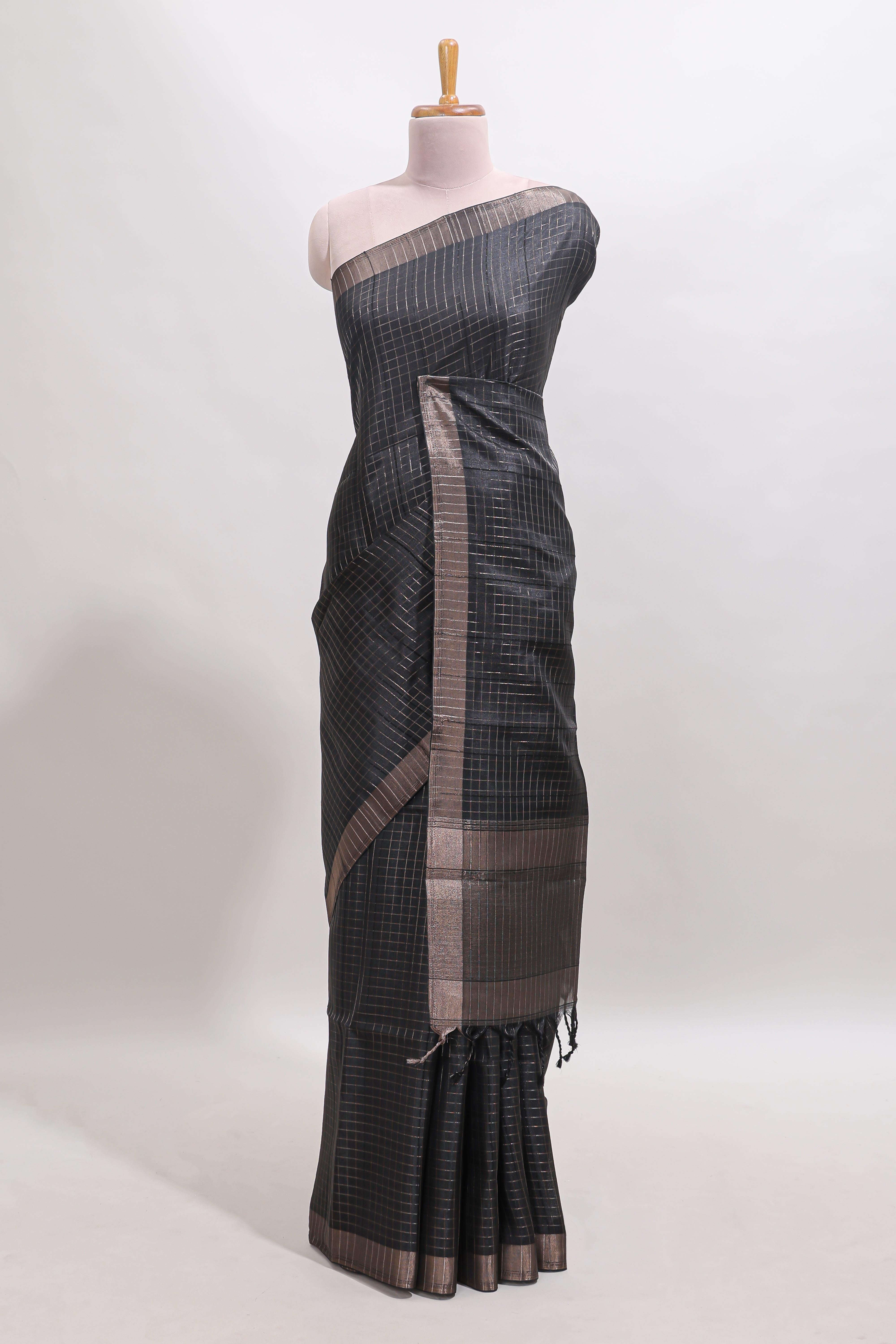 Black checked tussar saree with self zari border and matching striped blouse