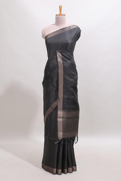Black checked tussar saree with self zari border and matching striped blouse