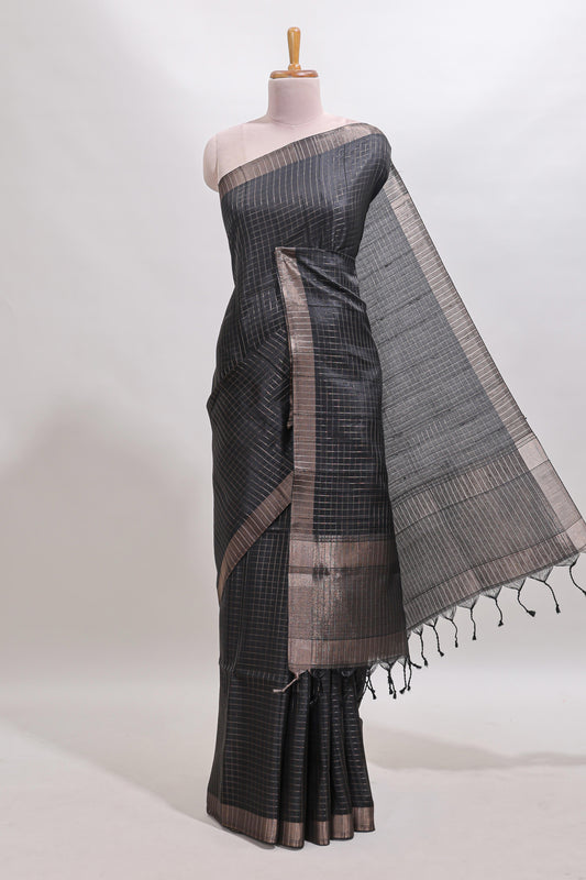 Black checked tussar saree with self zari border and matching striped blouse