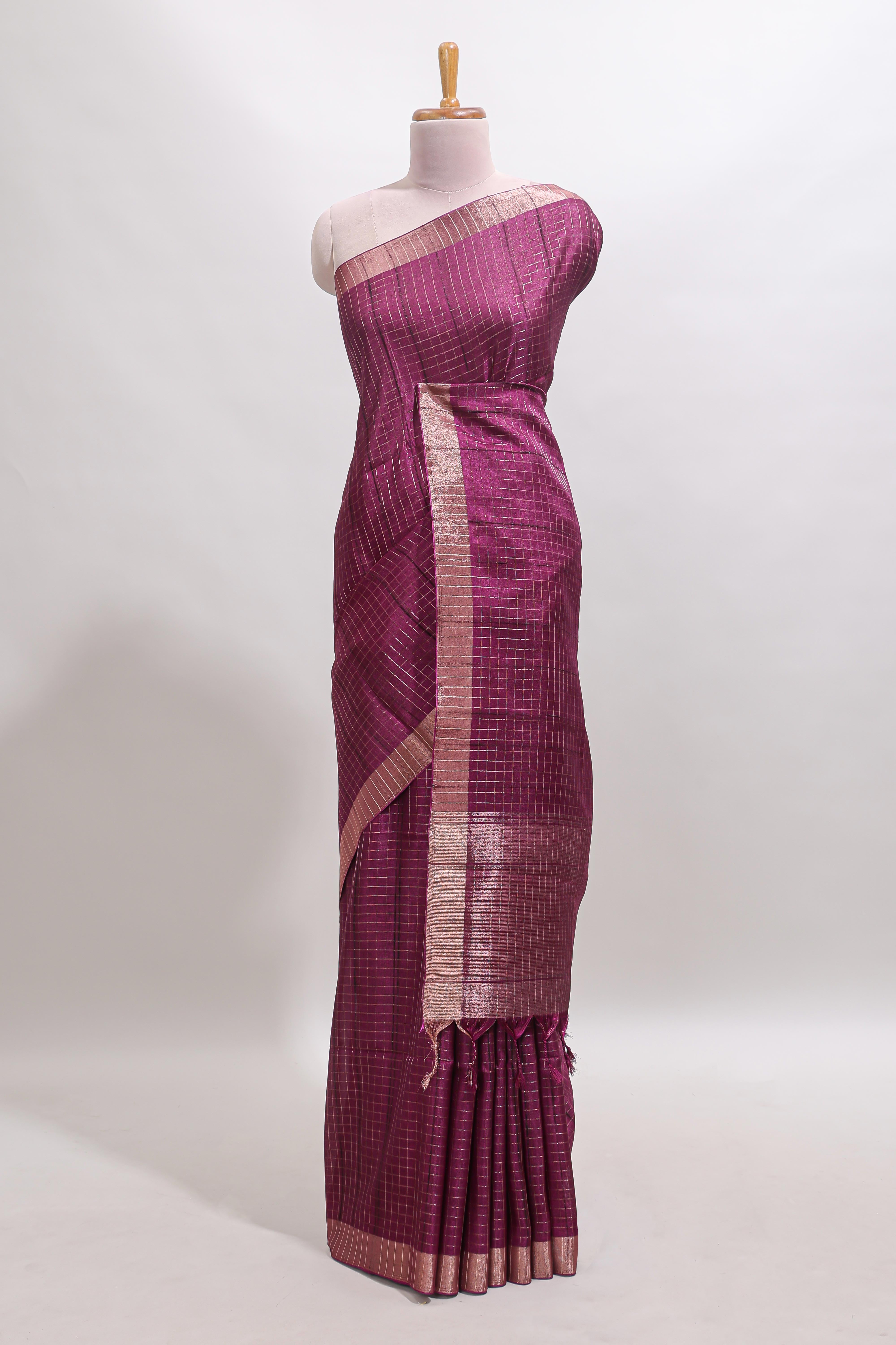 Magenta checked tussar saree with self zari border and matching striped blouse