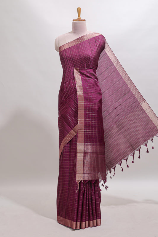 Magenta checked tussar saree with self zari border and matching striped blouse