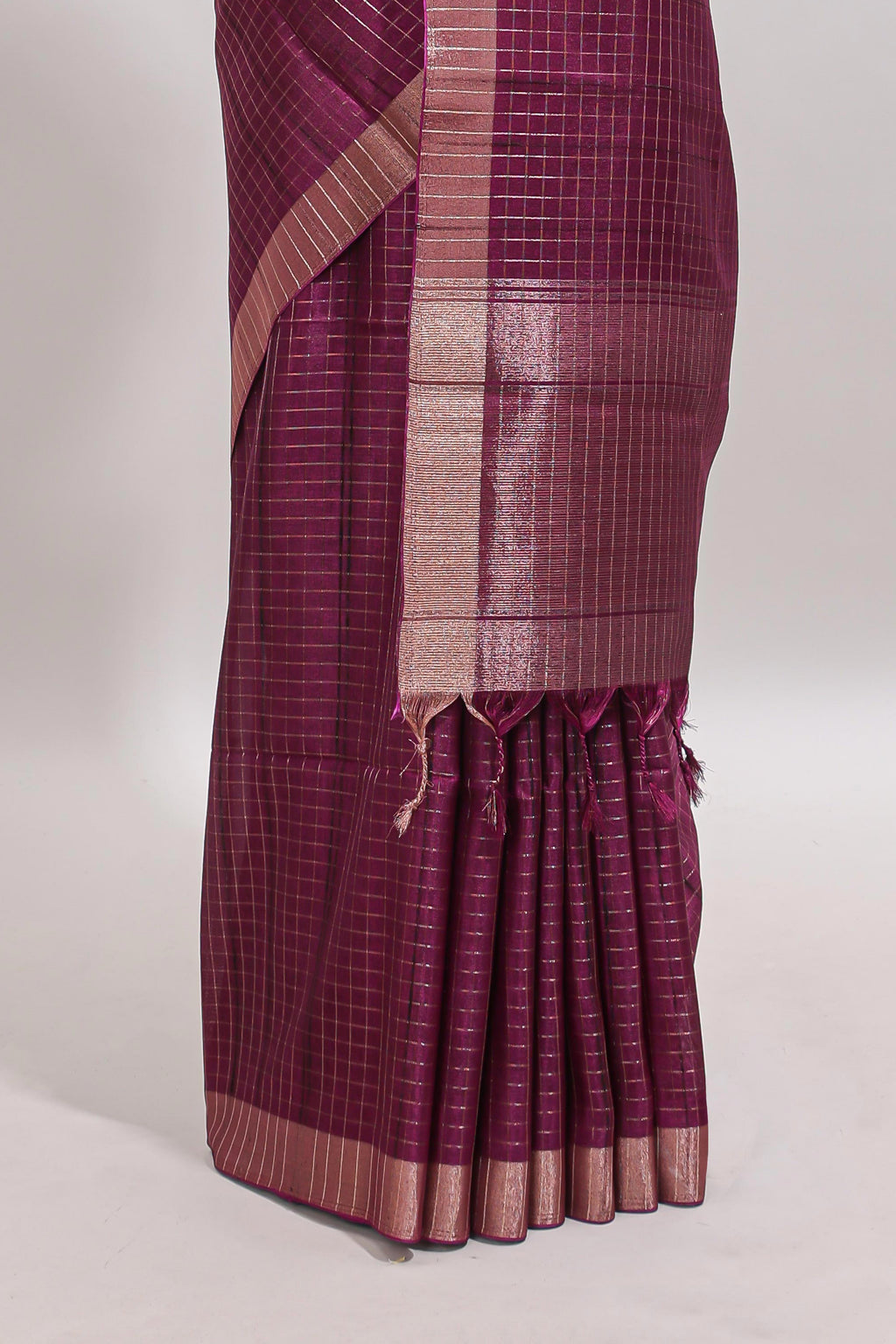 Magenta checked tussar saree with self zari border and matching striped blouse