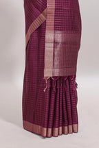 Magenta checked tussar saree with self zari border and matching striped blouse
