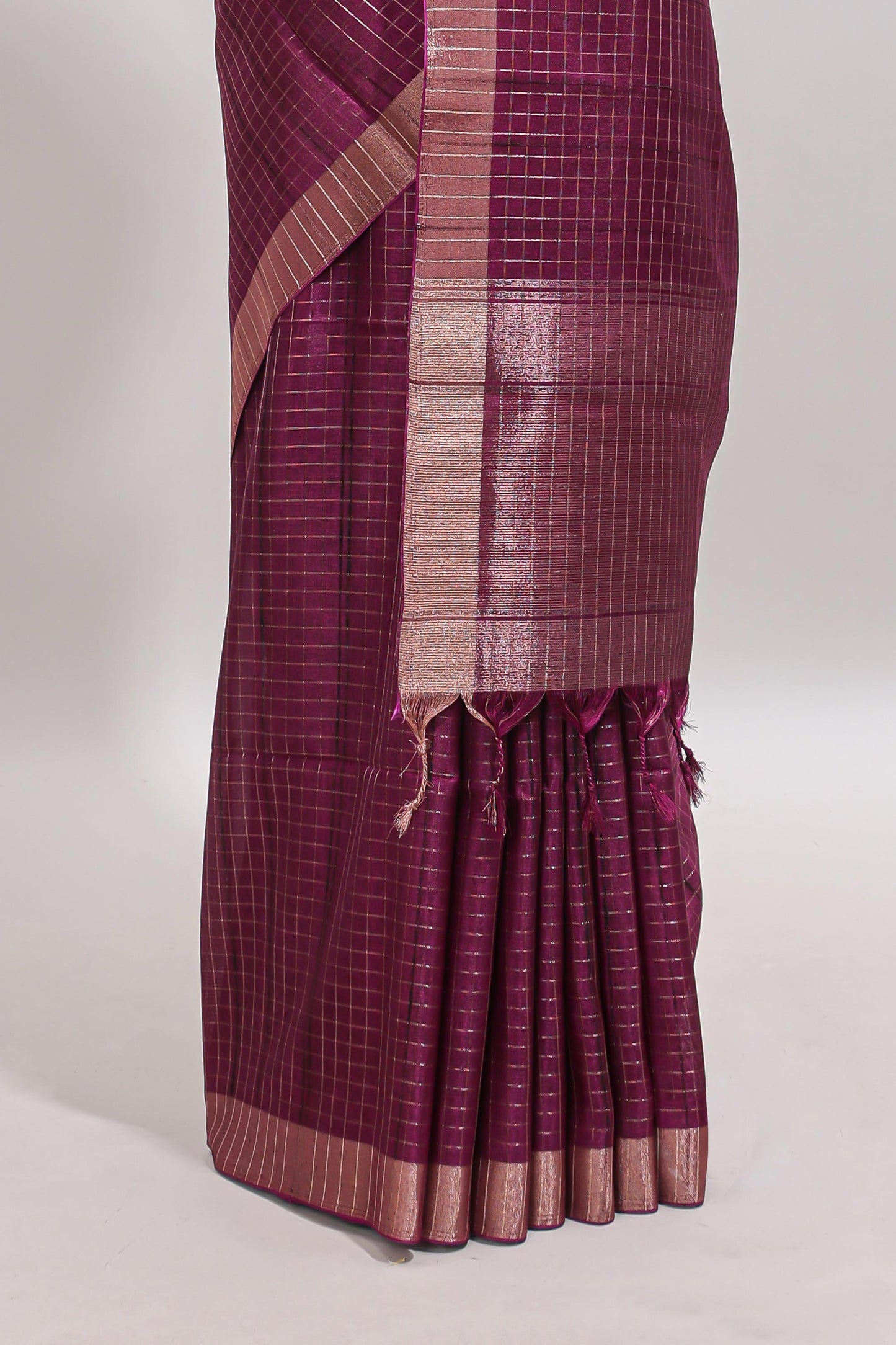 Magenta checked tussar saree with self zari border and matching striped blouse