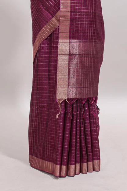 Magenta checked tussar saree with self zari border and matching striped blouse