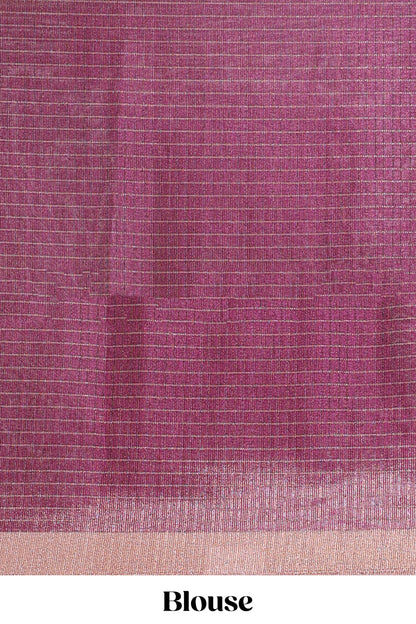 Magenta checked tussar saree with self zari border and matching striped blouse