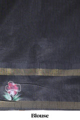 Grey zari design tussar saree with contrast floral print border and blouse