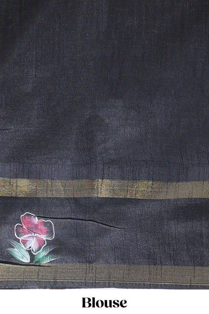 Grey zari design tussar saree with contrast floral print border and blouse