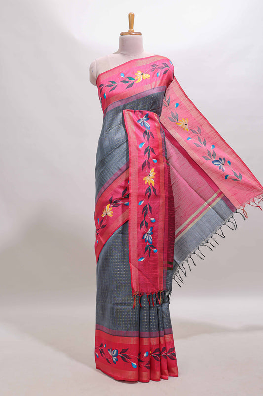 Dark grey zari design tussar saree with contrast floral print border and blouse