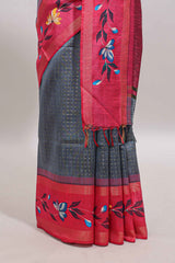 Dark grey zari design tussar saree with contrast floral print border and blouse