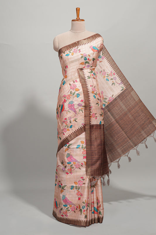 Peach checked birds & floral design semi tussar saree with contrast border and checked blouse