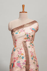 Peach checked birds & floral design semi tussar saree with contrast border and checked blouse