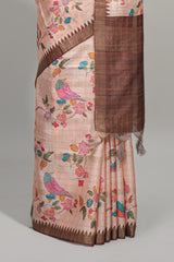 Peach checked birds & floral design semi tussar saree with contrast border and checked blouse