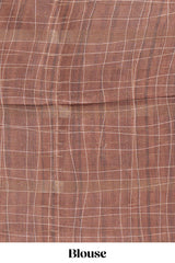 Peach checked birds & floral design semi tussar saree with contrast border and checked blouse