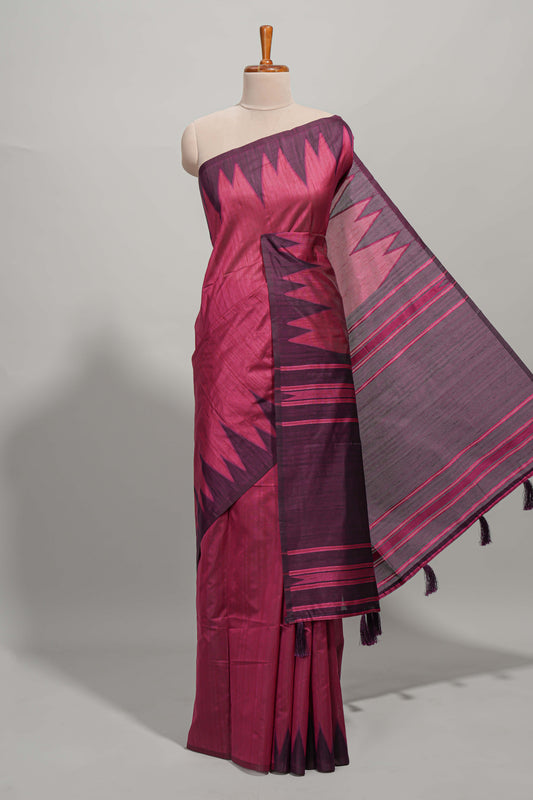Magenta plain semi tussar saree with contrast geometric border and motifs blouse