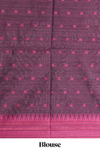 Magenta plain semi tussar saree with contrast geometric border and motifs blouse