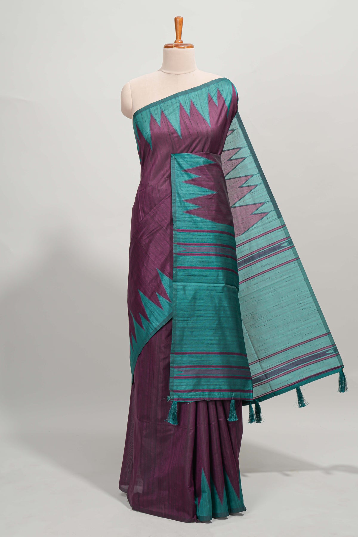Purple plain semi tussar saree with contrast geometric border and motifs blouse