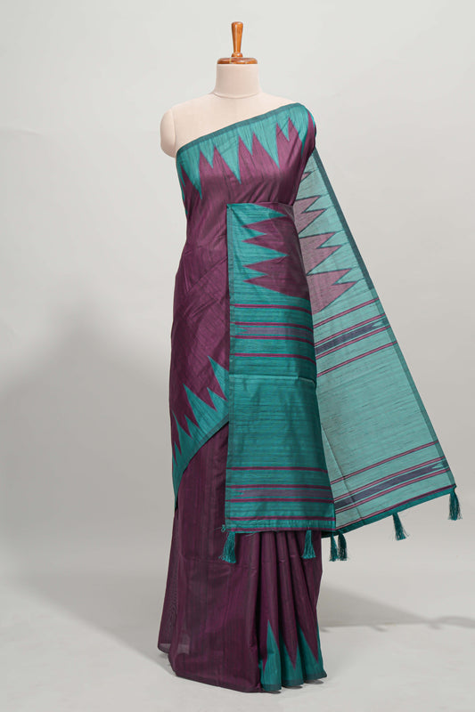Purple plain semi tussar saree with contrast geometric border and motifs blouse