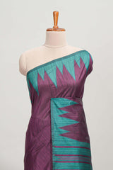 Purple plain semi tussar saree with contrast geometric border and motifs blouse