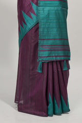 Purple plain semi tussar saree with contrast geometric border and motifs blouse